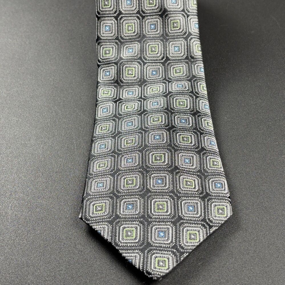 Handmade Cremieux Men's Silk Tie Gray & Black Geometric Medallion Design